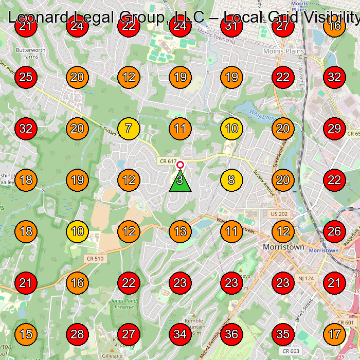 Leonard Legal Group, LLC GeoGrid visibility map for Personal Injury Attorney in Cedar Knolls
